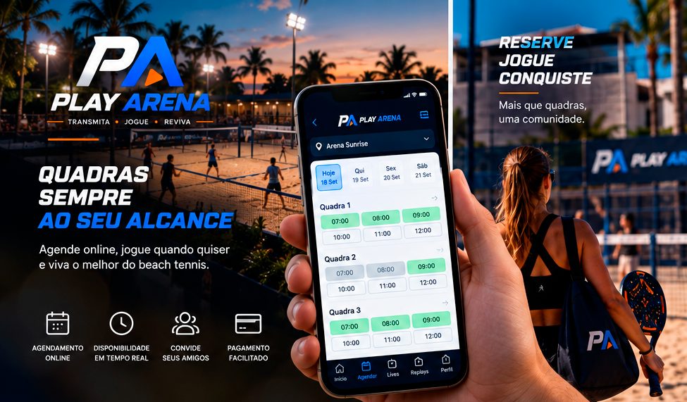 App Play Arena mostrando a agenda da arena com horários das quadras para reserva online, ao lado de uma quadra no fim de tarde