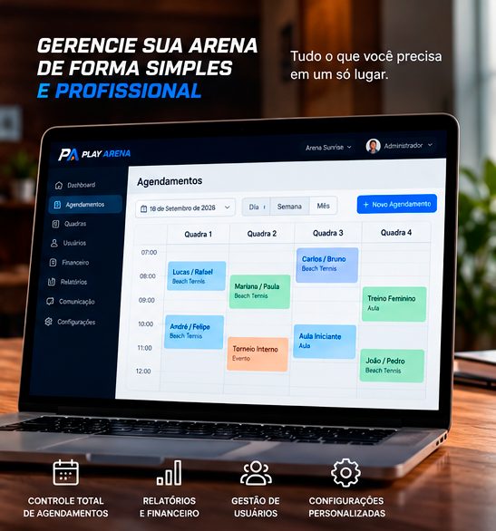 Painel de agendamentos da arena Play Arena no notebook, com reservas, aulas e torneios na agenda