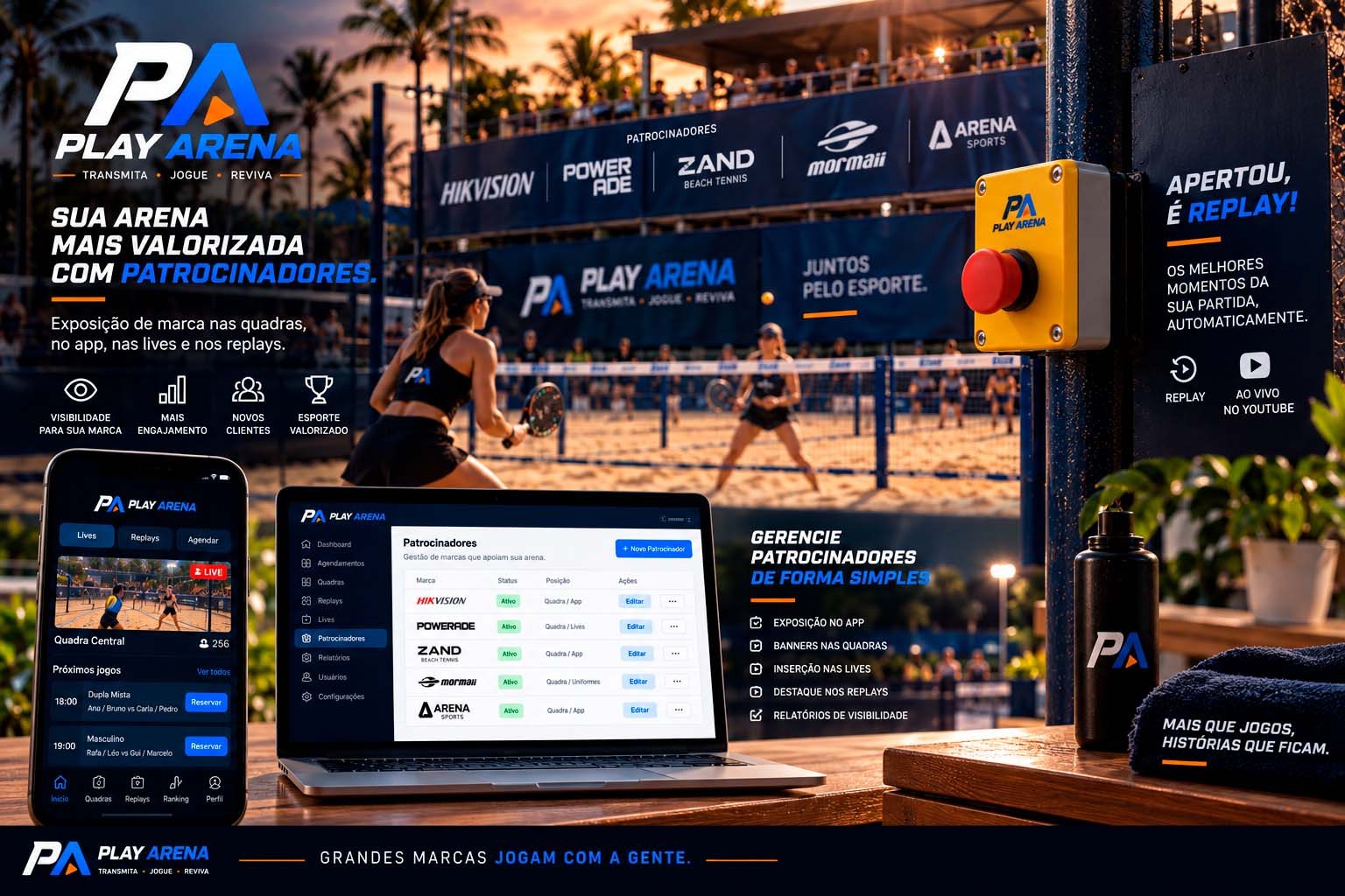 Gestão de patrocinadores no painel Play Arena e no app, com a marca presente nas quadras, lives e replays
