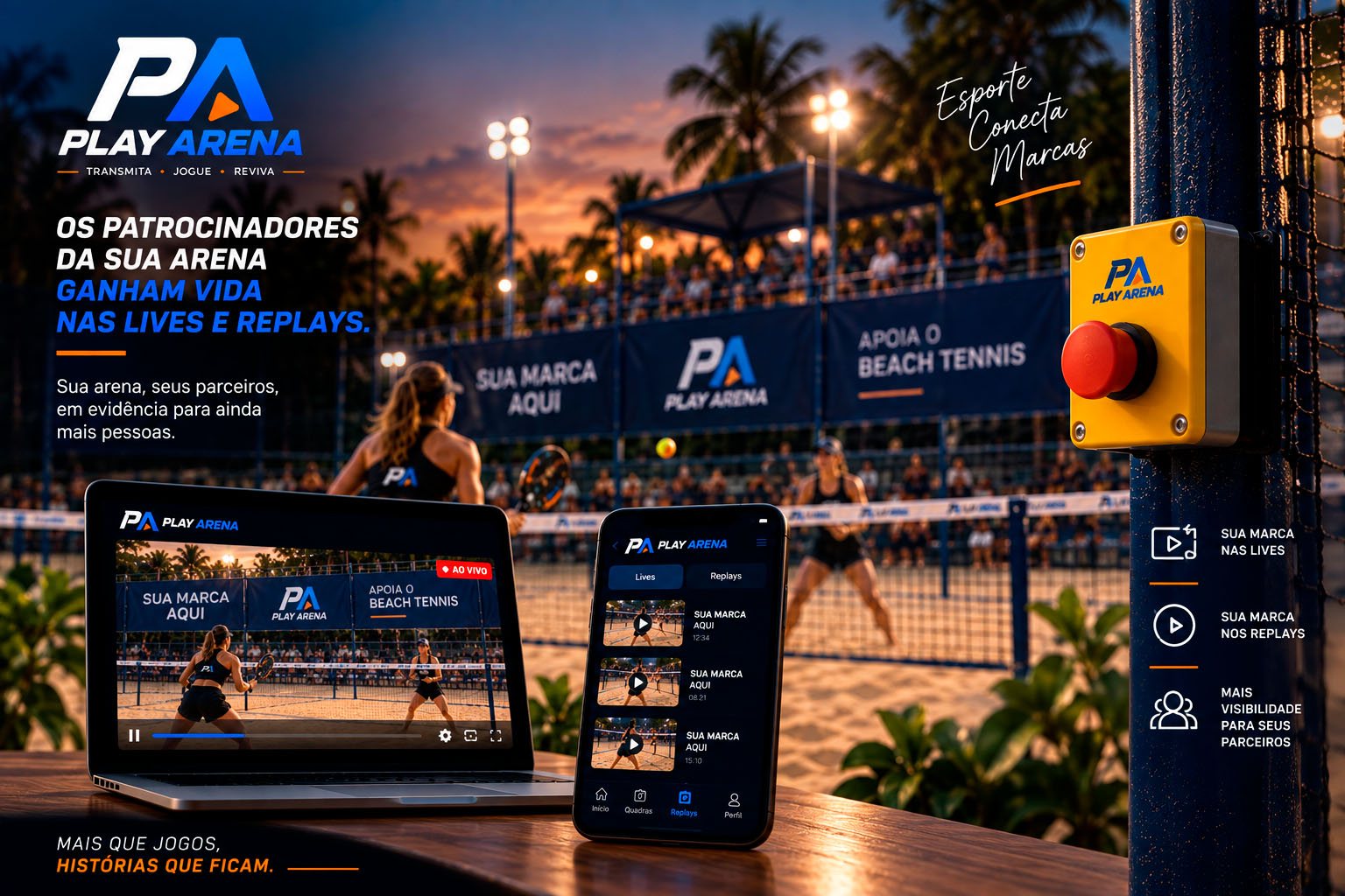 Quadras com banner Sua Marca Aqui, transmissão ao vivo no notebook e replays no app Play Arena