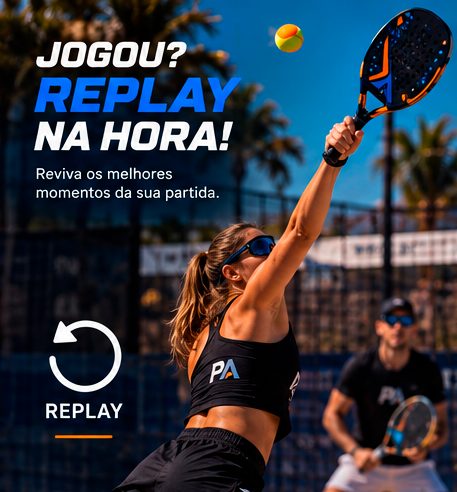 Atleta sacando com a mensagem Jogou? Replay na hora! e logo Play Arena